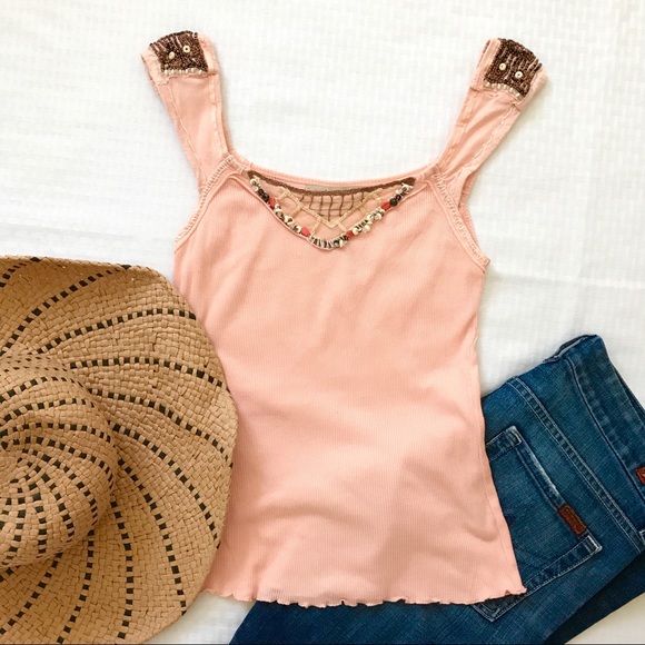 Free People Tops - FREE PEOPLE LIGHT PINK BEADED CAP SLEEVE TANK XS